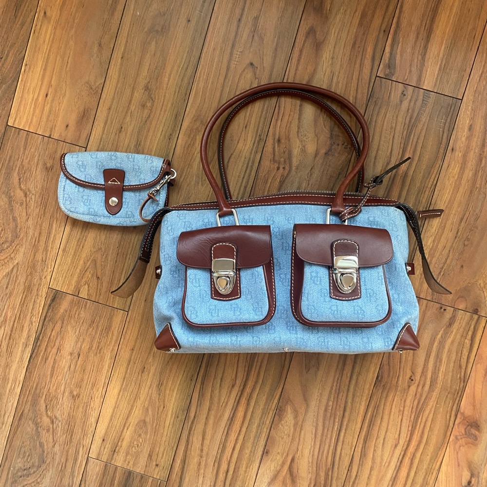Dooney & Burke Double Pocket Denim Blue Tan Canvas Leather Tote